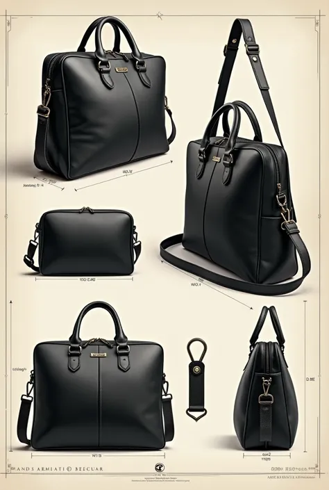 Can you make 2d object drawing survey is detail view Bag, and Key chain for bag . The theme is black debonair 