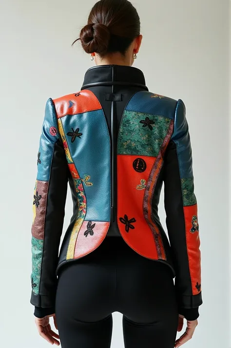 A self-adjusting, futuristic Bauhaus-style jacket in the colours of Gertrud Arndt&#39;s carpets, It has owner recognition and an interactive LED panel on the right side of the chest.