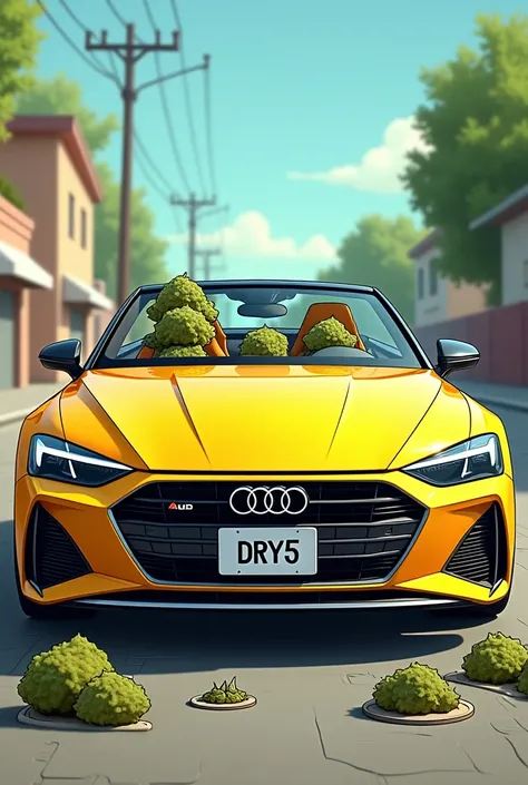 Yellow real Audi car in real cartoon style with the license plate DRY5 and normal background and cannabis bags on the seats and hash plates on the floor