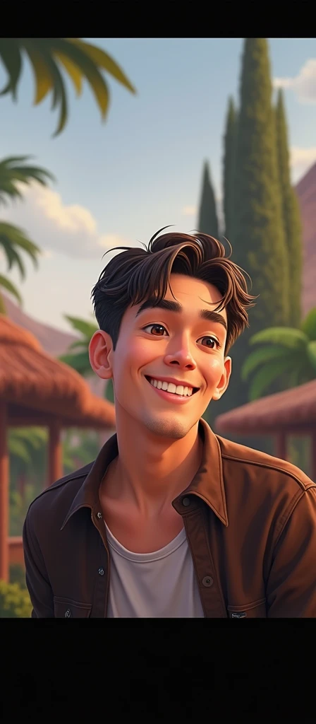 a man with black hair, brown eyes, brown shirt, beautiful smile, cartoon style, 8k, high quality, detailed portrait, realistic, photorealistic, cinematic lighting, vibrant colors, dynamic pose, warm color palette, beautifully rendered