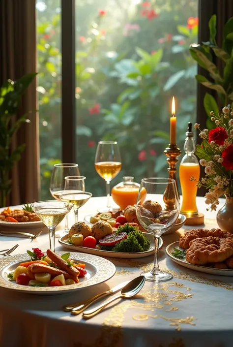 table with gold and white tablecloth, where there are gourmet foods and drinks inspired by pre-Columbian cuisine in Colombia with a large window in the background that overlooks a beautiful botanical garden