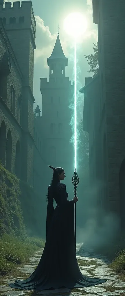 detailed dark elf woman, long elegant staff, intricate magic beams that hit the sun from orbit , medieval castle grounds, moody dramatic lighting, fantasy concept art, deep saturated colors, highly detailed, cinematic composition, photorealistic, 8k, (best...