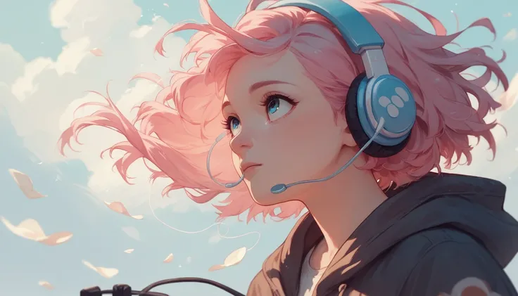 a late afternoon sky with lots of pink and light blue, an anime girl with headphones and pink hair blowing in the wind looking up feeling the breeze on her face while listening to lofi