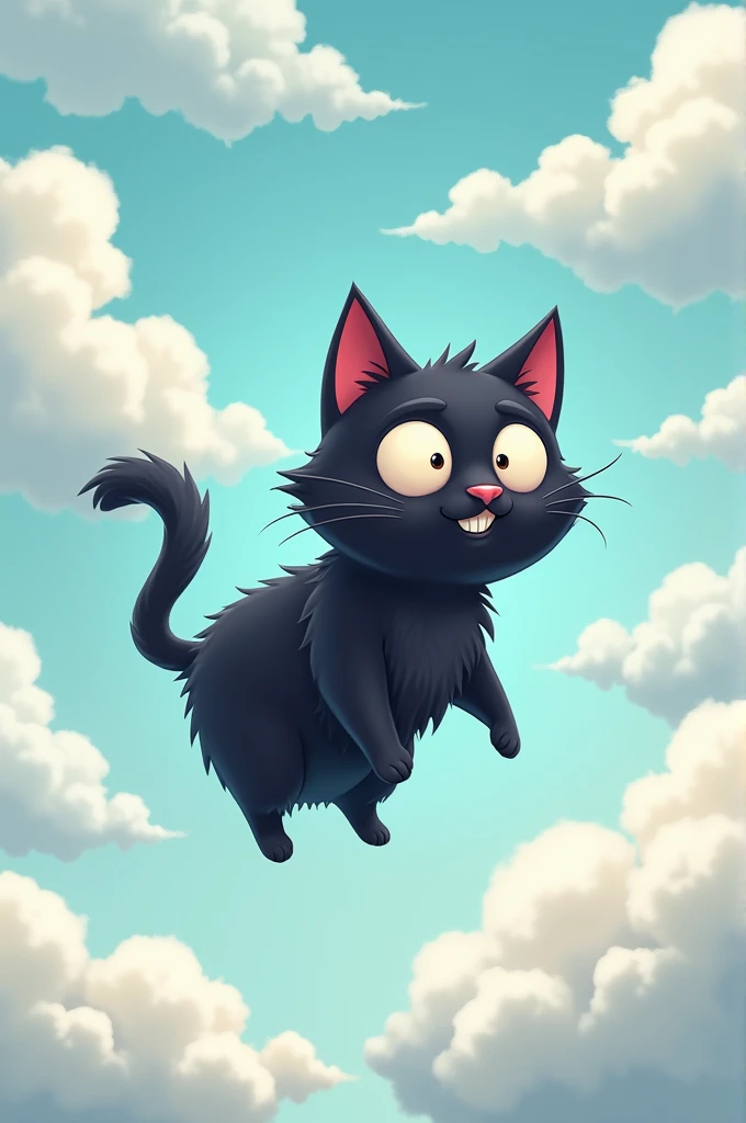 A cartoonish looking black cat on clouds 