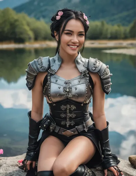 (medium shot, zoomed in upper body:1.3) (wuxia fantasy style:1.5) photo of a grinning, (perfect teeth:1.3) horny strong 5 european woman with short straight angled black hair with grey parts, brown eyes, (tiny breasts:1.3), toned ass, (perfect hands:1.3). ...