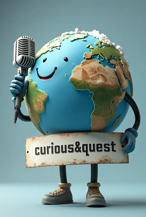 Planet Earth holding a microphone and a banner underneath written "Curious&Quest" with no face, most realistic