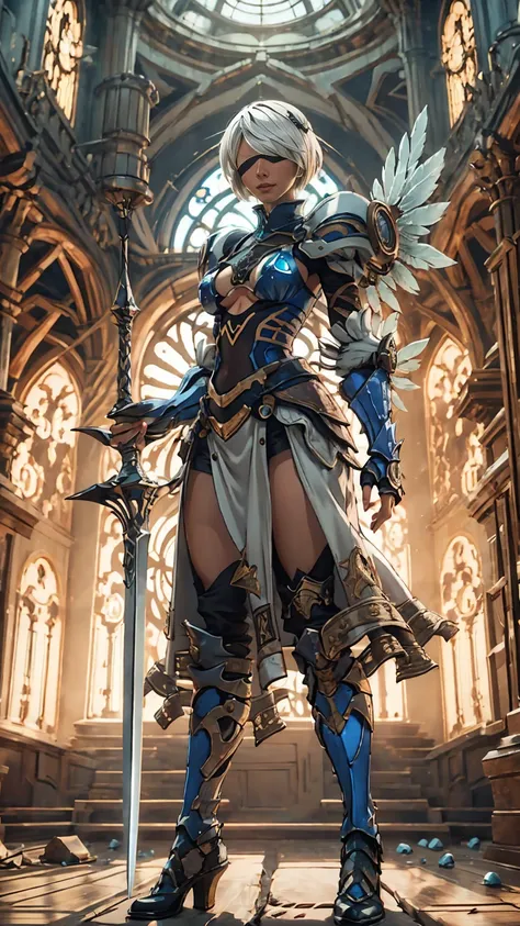 Make a kitbash of Lenneth from Valkyrie profile and 2B from Nier: Automata, combine 2B and Lenneth, solo, 1girl, BREAK: ((bright sapphire blue mech4rmor)), (boob window:1.37), thigh cutout, long skirt, (blindfold:1.27), wings, BREAK: standing contrapposto,...