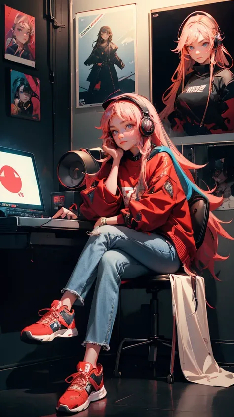 a highly detailed anime picture, the character is a lady with long hair and goatee wearing headphones sitting in front of a microphone, she wears streetwear and wide leg jeans and big sneakers, there s lots of colorful pop culture posters on wall behind he...