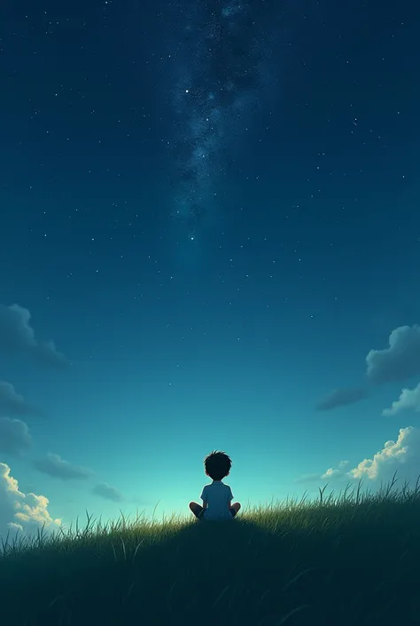 A realistic image of a boy sitting on a hill looking at the clear sky at night tall grasses lonely