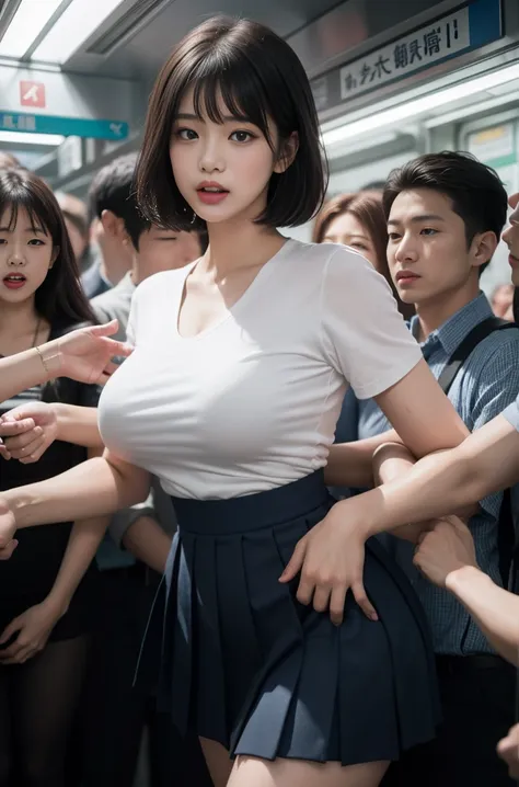 (crazy behavior:1.8) japan woman crying, very large breasts, oversized breasts, (white short sleeve shirt,dark blue ribbon,pleat...