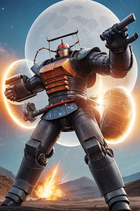 A giant robot (samurai theming, head has helmet styling and a large bubble dome cockpit), lunar surface, stars in back ground, action pose, shooting a rocket fist at viewer connected to mech via chain
