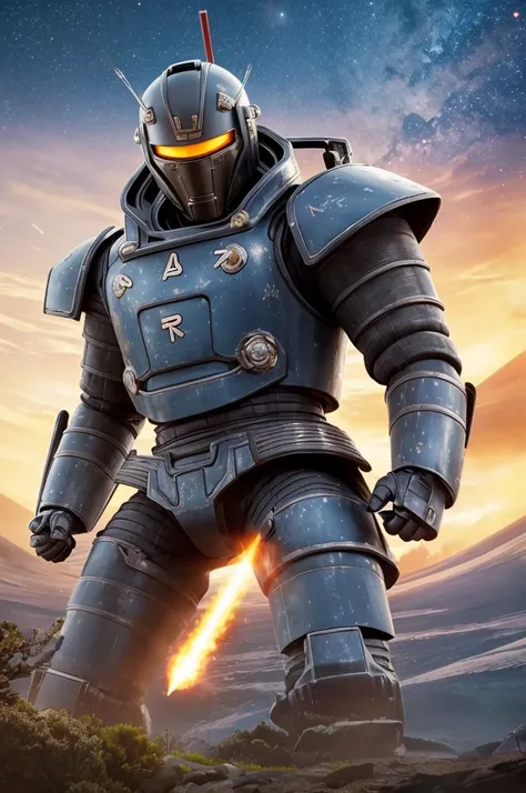 A giant robot (samurai theming, head has helmet styling and a large bubble dome cockpit), lunar surface, stars in back ground, action pose, shooting a rocket fist at viewer connected to mech via chain
