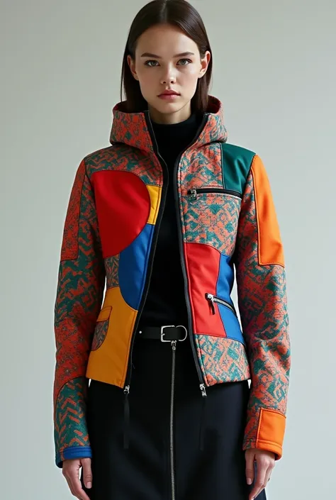 A self-adjusting, futuristic Bauhaus-style jacket in the colours of Gertrud Arndt&#39;s carpets, It has owner recognition and an interactive LED panel on the right side of the chest.