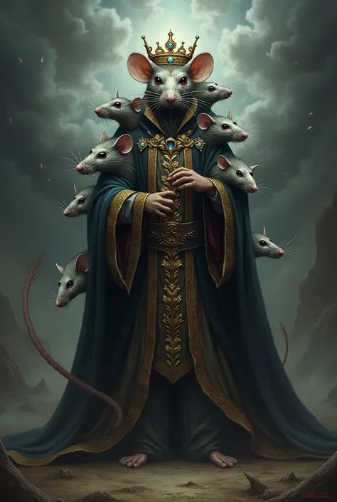 Create an image of a Rat King, wearing ancient King&#39;s clothes wearing a crown on his head with a caption on the image saying give me back my Queen