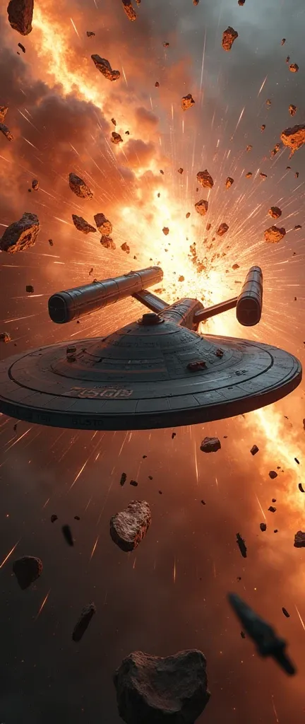 a massive star trek starship colliding with another ship, rusted debris, massive explosion, cinematic dramatic lighting, hyperrealistic, 8k, photorealistic, highly detailed, volumetric lighting, cinematic camera angle, glowing plasma, sparks, shattered met...