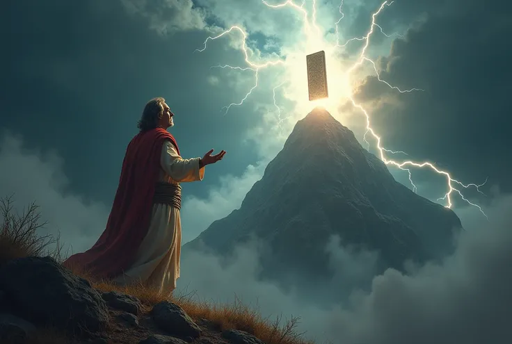 Moses on top of Mount Sinai receiving the Tablets of the Law from God, with dark clouds and lightning in the background. The scene conveys reverence and sacredness, with a divine glow on the boards.  