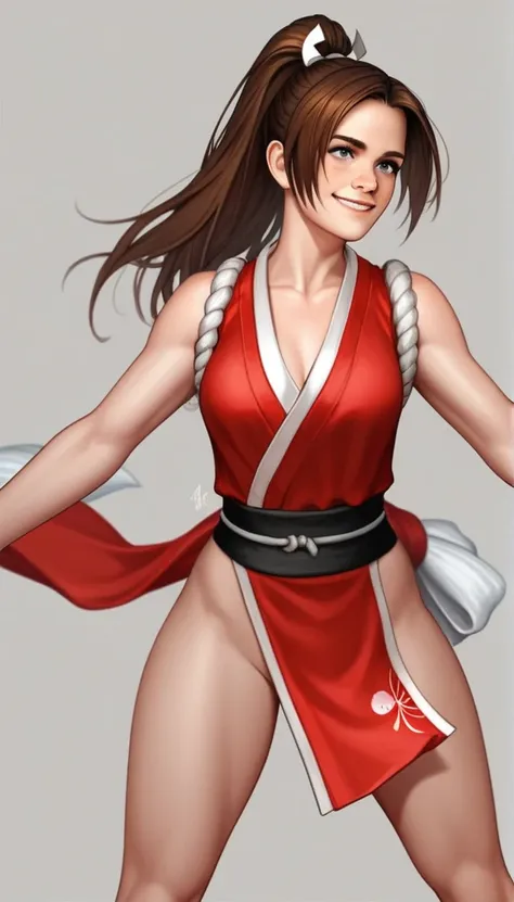 (emma watson smile face), long hair, shiranui_mai, the_king_of_fighters, standing  break score_9, score_8_up, score_7_up, score_...