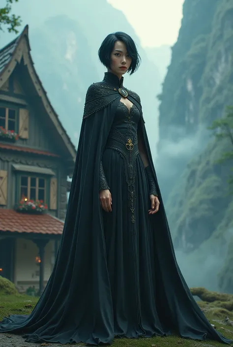 A woman with short hair, Wearing a Cape. back stand, with a house in front of it.