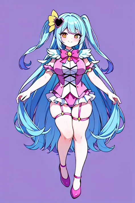 long hair, light blue hair, gradient hair, purple hair, yellow eyes, garter straps, pink swimsuit , heart hair ornament, magical girl, two side up,　（Very large breasts:1.5）　(Very curvy body type:1.2) smile　Blushing Full Body Photograph　Standing Plump