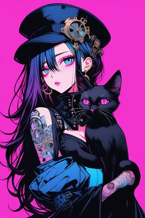 Illustrator, anime , Realistic ,sketch , 1 person, model, Portraiture, lip, Gothic steampunk hat, Black bustier jumper skirt, Exposing shoulders, order, Blue and pink gradient background, Long hair in neon colors, Big Breasts, (((Upper Body))), (((look bac...