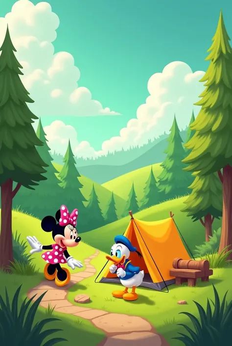 For a cover,  a lemon green background landscape. With Minnie Mouse and camping in a beautiful place with Donald Duck. Clouds and trees. That the whole image looks good without gradient and that the lemon green stands out. CORRECTLY GENERATE THE HANDS, THE...