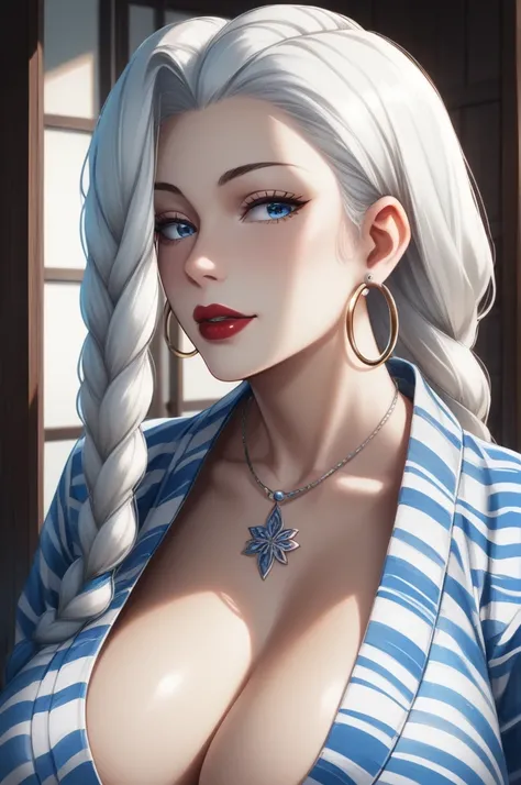 score_9, score_8_up, score_7_up, score_6_up, score_5_up, score_4_up, mei mei , blue eyes, white hair braid, large breasts,  necklace,big oversized hoops earrings ,red lipstick , detailed eyes , big saggy breasts , yukata, cleavage 