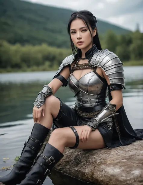 (medium shot, zoomed in upper body:1.3) (wuxia fantasy style:1.5) photo of a, (perfect teeth:1.3) horny strong 5 european woman with short straight angled black hair with grey parts, brown eyes, (tiny breasts:1.3), toned ass, (perfect hands:1.3). She is we...