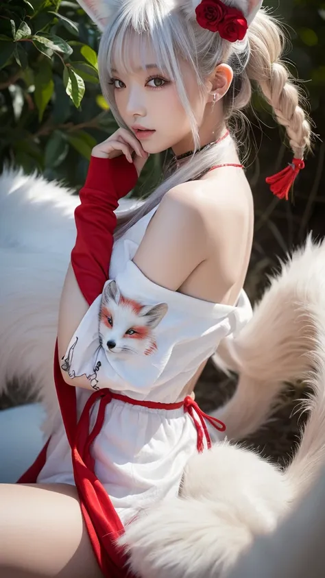 Mythical white fox with nine tails, looking at viewer directly,White with some red tattoos