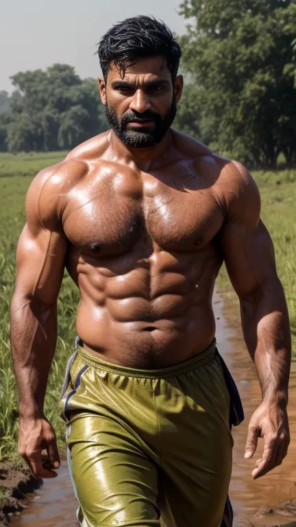 40 years old Handsome muscular HARYANVI JAAT, wetty skin, running sweat on body, standing in mud feild 