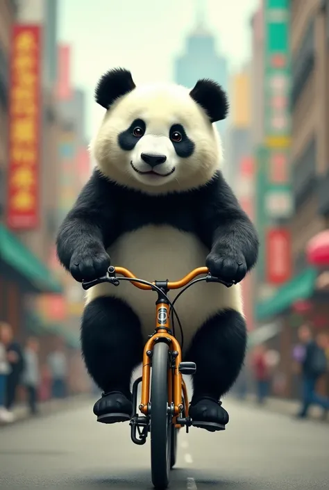 A panda riding a bike through a city with depth of field.
