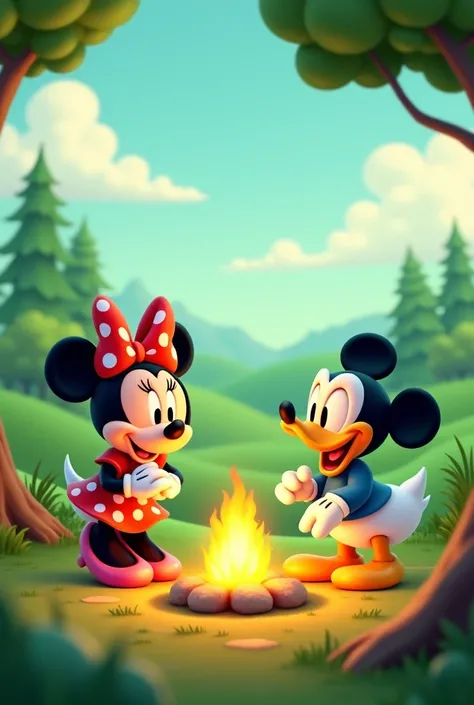 For a cover,  a lemon green background landscape. With Minnie Mouse and camping in a beautiful place with Donald Duck. Clouds and trees. That the whole image looks good without gradient and that the lemon green stands out with a campfire. CORRECTLY GENERAT...