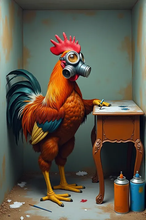 A rooster painting a piece of furniture with spray paint wearing a gas mask in a booth 
