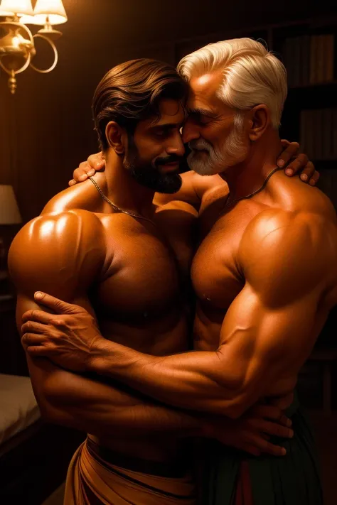 Two INDIAN GURJAR men, a new one and an old one, embracing each other in a tender display of affection. The new mans eyes shine with youthful excitement, while the old mans gaze is filled with wisdom and experience. Their skin, finely detailed and realisti...