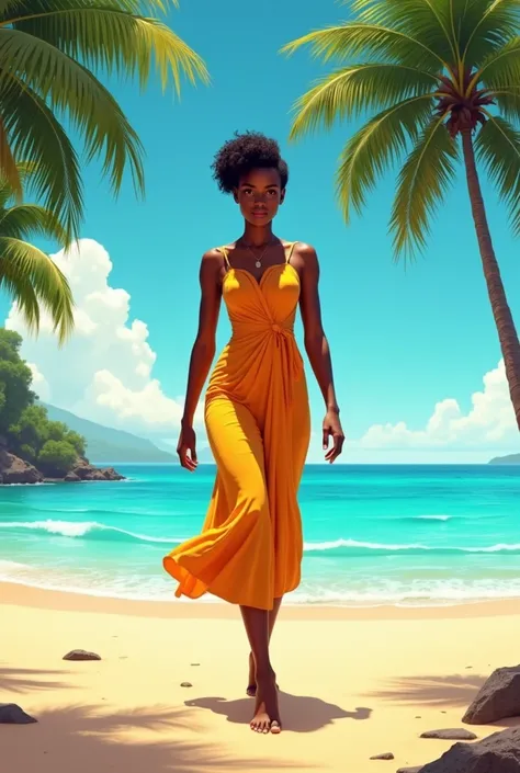 femme africaine ,les cheveux court le regard vers nous ,marche pied nu sur une plage avec des palmier