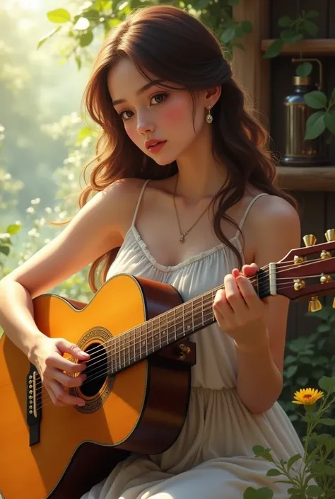 Attractive girl playing guitar 
