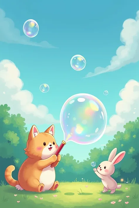 Chiikawa style，There is a cat on the left holding a bubble blower.，Blowing a huge soap bubble，Soap bubbles on top of cat，There is a rabbit on the right jumping up happily trying to catch the bubbles，The background is the sky and the forest