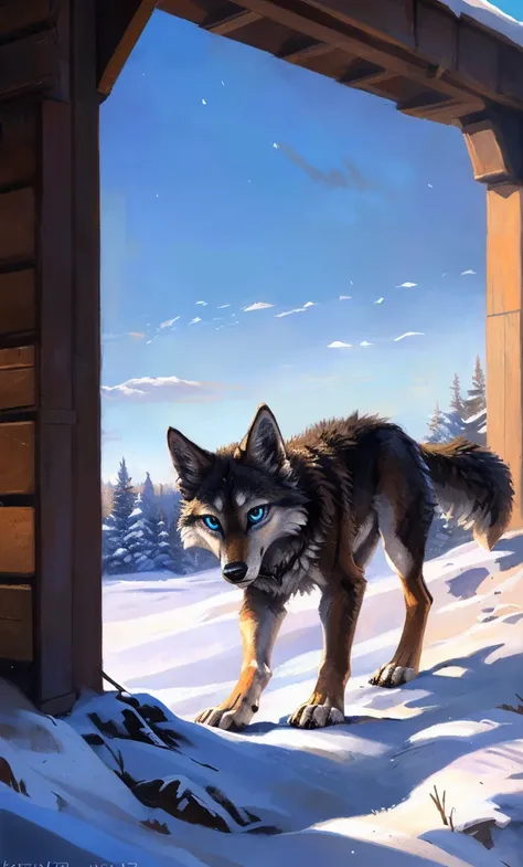 ((Solo)), male people, anthro wolf, (Multi-colored fur, White-brown:1.3，White tail pointed), (Height 2.1m,Tail length 1.2m), ((Wolf face, Big eyes, White eyelids, Blue pupil, Slim:1.2) (Tough, Calm expression:1.2)), Slim, pinging)), (Correct anatomy), (Win...