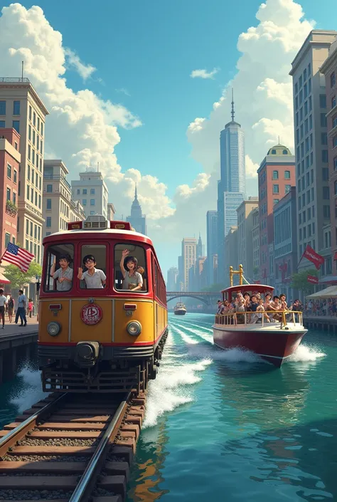 create an image of a train on tracks blended with an urban background environment and a boat on a river. All with the passengers waving like they were tourists. Realistic and maximum quality image.