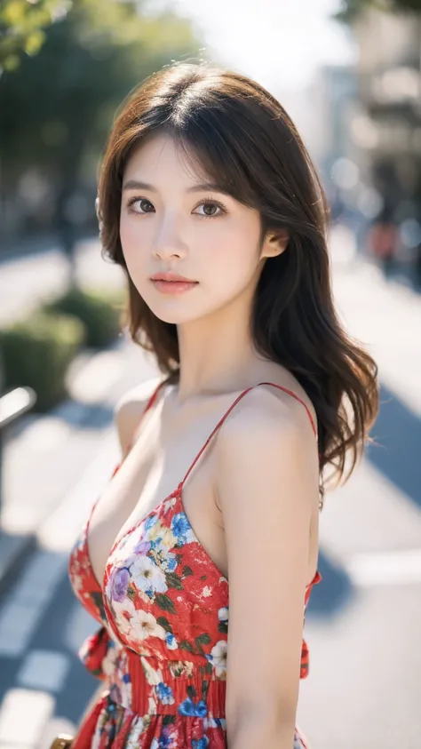 ((Best quality, 8k, masterpiece:1.3))，1girl，1，Asian，Real texture:1.3，(Background blur:1.1)，Dress，run，Tall and slender figure:1.2，(Hot summer weather)，（street:1.3），Highly detailed face and skin textures，Exquisite eyes，Long eyelashes，Double eyelids，Skin Whit...