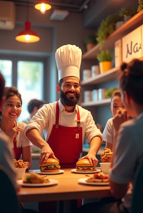 Max is seen taking orders, cooking burgers, and interacting with customers who are delighted by the food. The atmosphere is vibrant and successful.