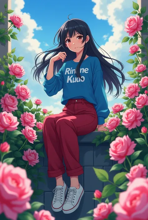 1 Japanese woman,Age 18,Long black and white mixed hair,Blue long-sleeved shirt with the words Rinne Kudo written on it.,Red trousers,canvas shoes,location,A rose garden with beautiful flying roses..Full of beautiful anime.