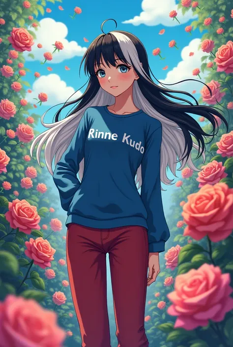 1 Japanese woman,Age 18,Long black and white mixed hair,Blue long-sleeved shirt with the words Rinne Kudo written on it.,Red trousers,canvas shoes,location,A rose garden with beautiful flying roses..Full of beautiful anime.