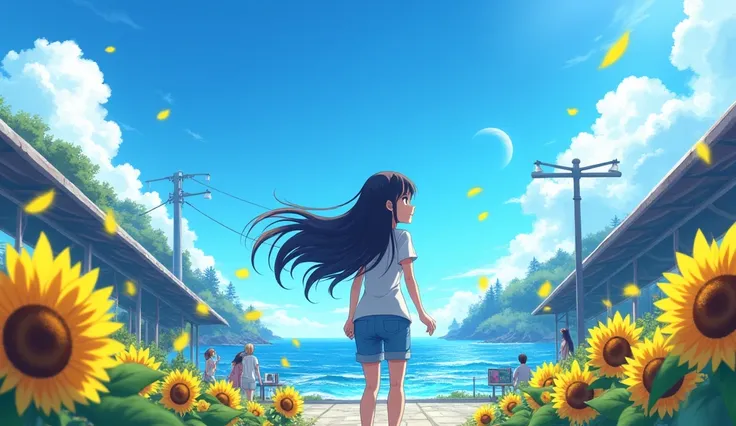 1 Long Hair, Vast blue sky,Ocean,station,train,sunflower,summer,excited,fun,Back view,anime,Emotional,
