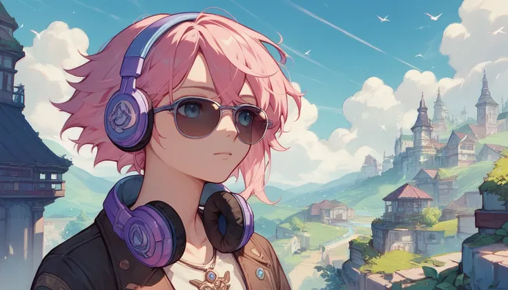 scenery in shades of light pink and light blue, art of a very detailed girl with slanted eyes, pink hair and headphones around her neck, fantasy anime