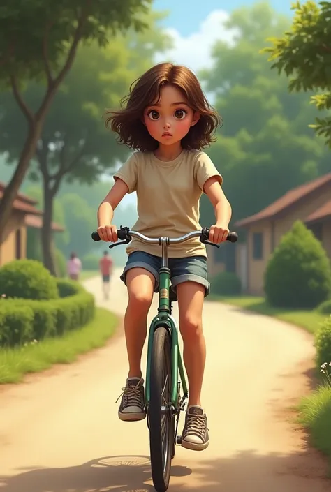 A nine years old girl cycling  realistic picture 