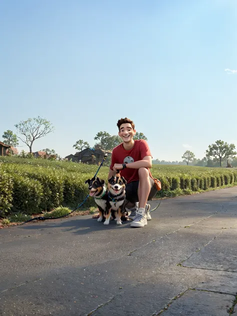 young man smiling, with a dog on a leash, disney pixar style, high qualiy