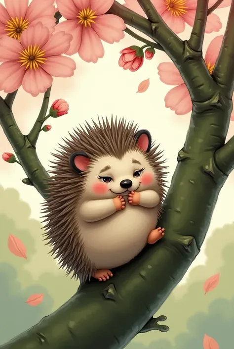 Create a drawing of a scared hedgehog on top of a peach tree 