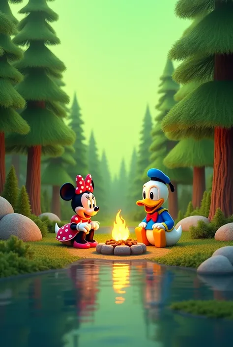 Lime green Minnie mouse background, with lake, trees and minnie mouse and donald duck camping. by a bonfire