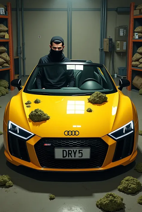 Yellow Audi car in real style with the license plate DRY5 and garage background where shelves full of cannabis bags and cannabis bags on the seats and hashish plates on the floor as well as a gangsta dressed in black with Obito Uchiha face mask in the car