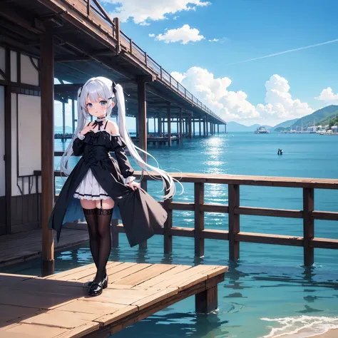 Silver Hair、Black costume、Standing in a sea of clouds、lake、Pier、A ray of blue light illuminates her、ridicule、The right bangs are a little long、Medium Long Hair、Lace Stockings、Long twin tails、Something&#39;s There